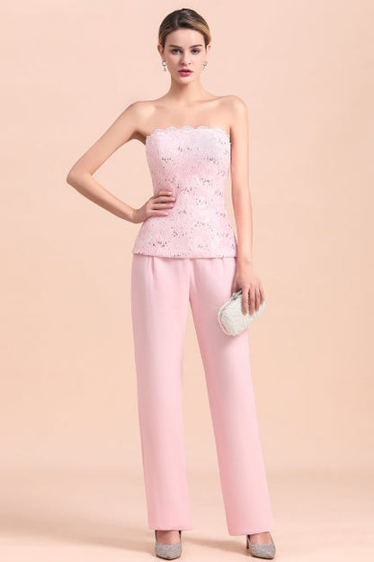 Elegante mono de madre de la novia con apliques sin tirantes y mangas largas cruzadas