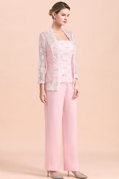 Elegante mono de madre de la novia con apliques sin tirantes y mangas largas cruzadas