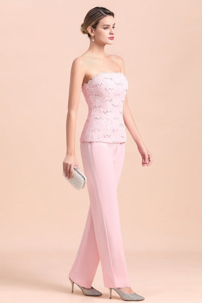 Elegante mono de madre de la novia con apliques sin tirantes y mangas largas cruzadas