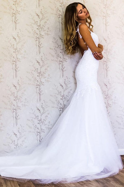 Elegante Träger Meerjungfrau Weiß Langes Brautkleid Brautkleid
