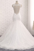 Straps V Neck Tulle Lace Mermaid Wedding Dress With Appliques On Sale