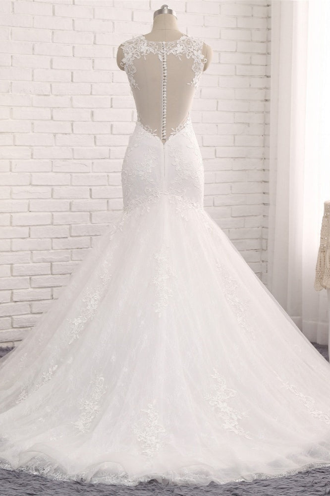Straps V Neck Tulle Lace Mermaid Wedding Dress With Appliques On Sale