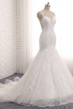 Straps V Neck Tulle Lace Mermaid Wedding Dress With Appliques On Sale