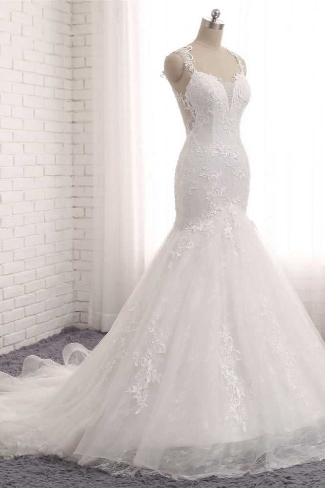 Straps V Neck Tulle Lace Mermaid Wedding Dress With Appliques On Sale