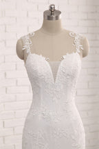 Straps V Neck Tulle Lace Mermaid Wedding Dress With Appliques On Sale