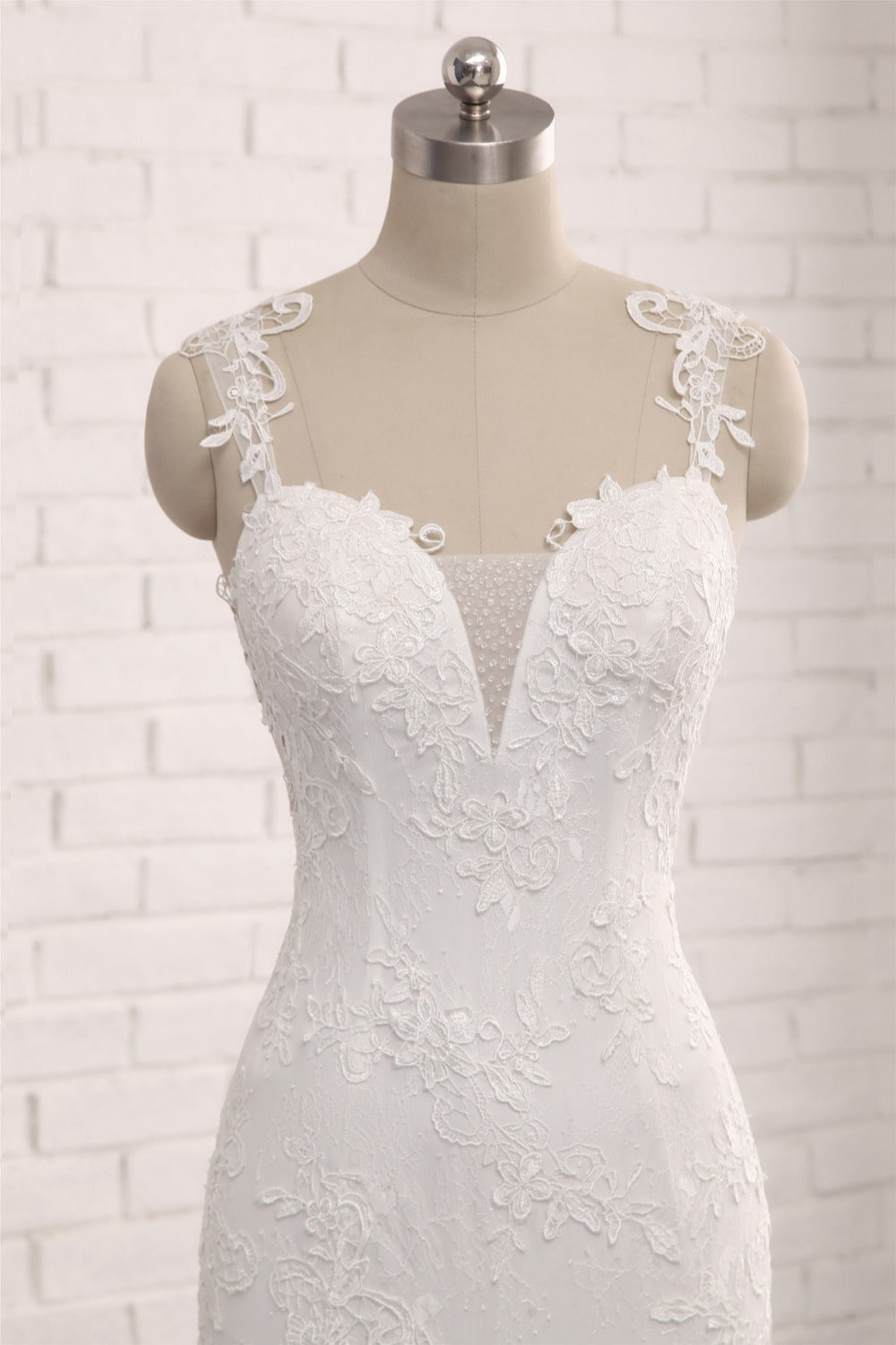 Straps V Neck Tulle Lace Mermaid Wedding Dress With Appliques On Sale