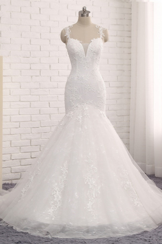 Straps V Neck Tulle Lace Mermaid Wedding Dress With Appliques On Sale
