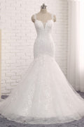Straps V Neck Tulle Lace Mermaid Wedding Dress With Appliques On Sale
