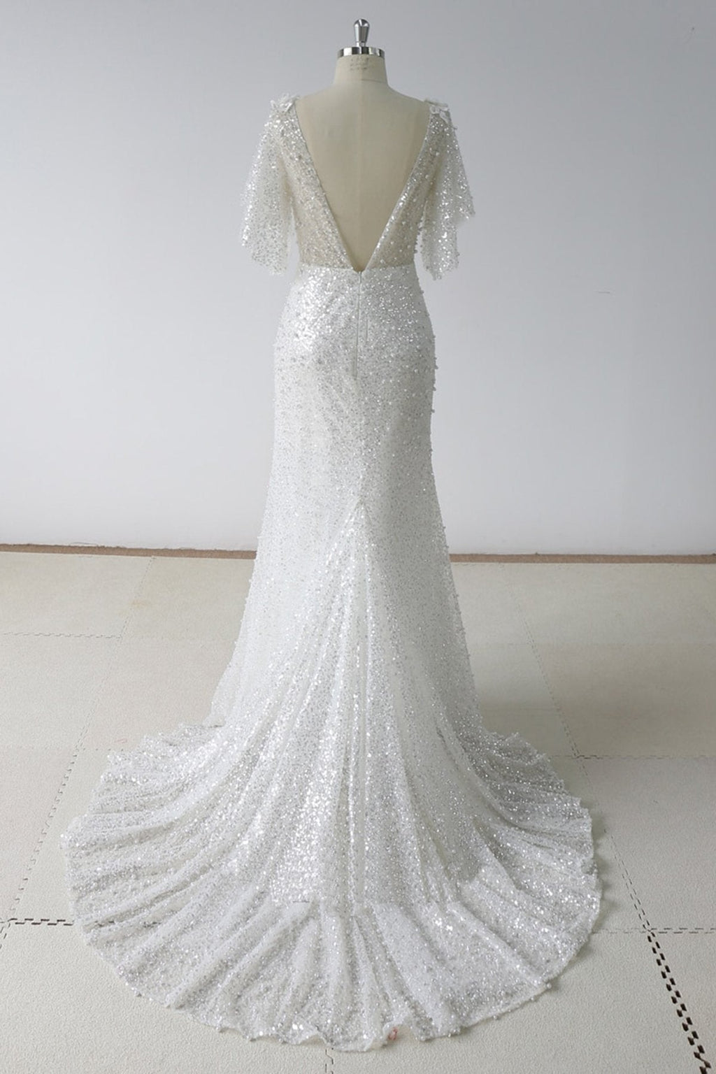 White Sequin Tulle Mermaid Wedding Dress With Sweep Train Short Sleeves On Sale