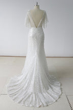 White Sequin Tulle Mermaid Wedding Dress With Sweep Train Short Sleeves On Sale