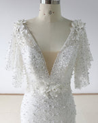 White Sequin Tulle Mermaid Wedding Dress With Sweep Train Short Sleeves On Sale