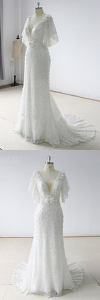 White Sequin Tulle Mermaid Wedding Dress With Sweep Train Short Sleeves On Sale