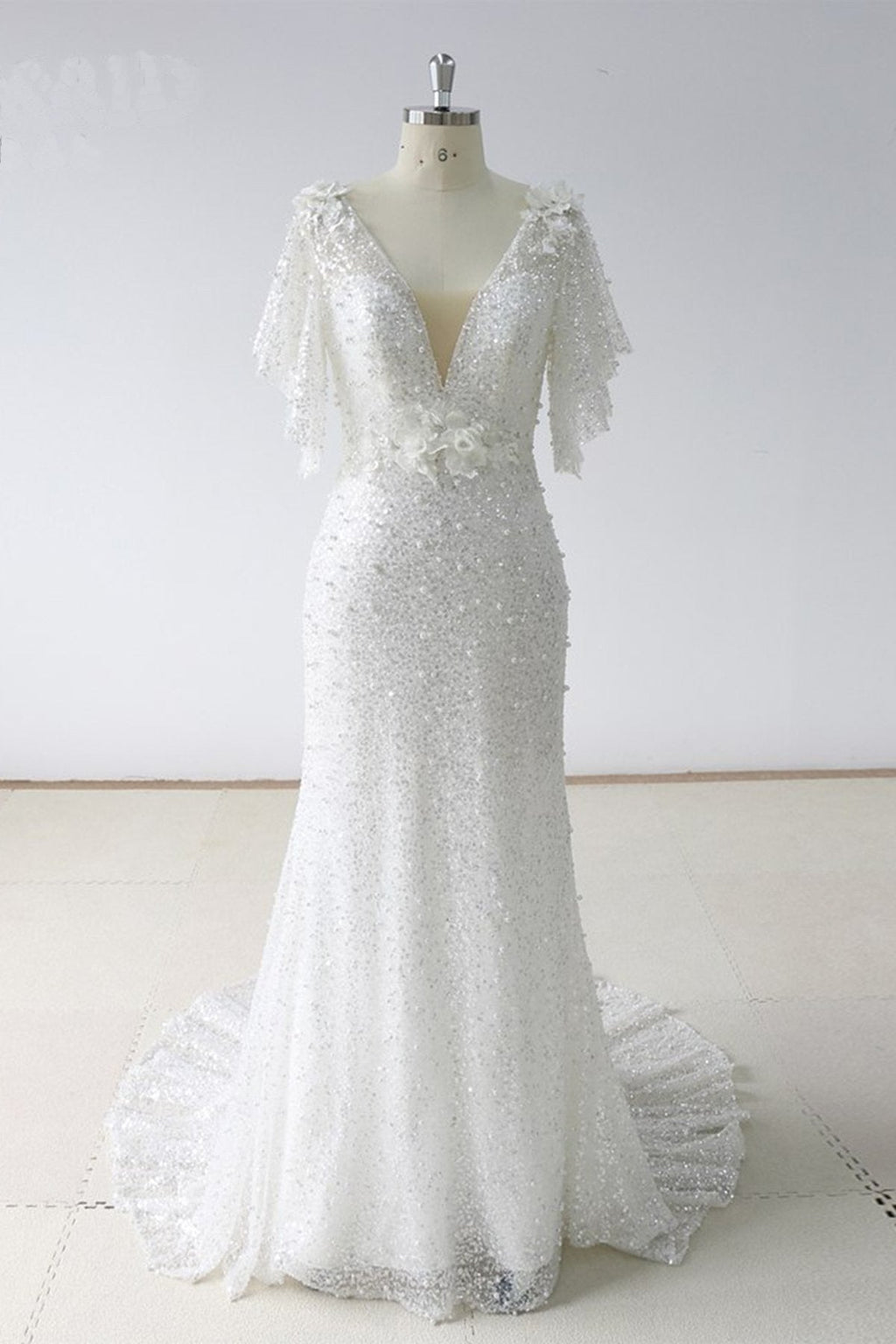 White Sequin Tulle Mermaid Wedding Dress With Sweep Train Short Sleeves On Sale