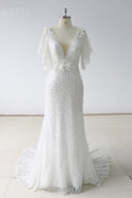 White Sequin Tulle Mermaid Wedding Dress With Sweep Train Short Sleeves On Sale