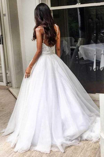 Elegant Sweep Train Backless Wedding Dress with Lace Top Spaghetti Straps