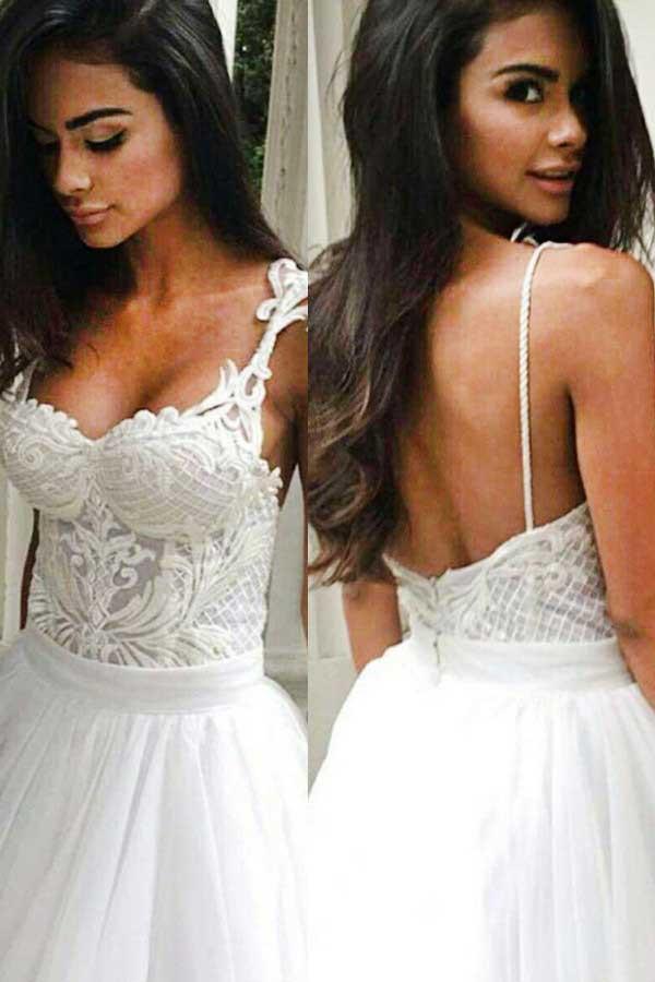 Elegant Sweep Train Backless Wedding Dress with Lace Top Spaghetti Straps