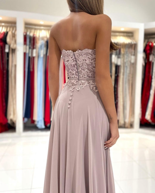 Elegant Sweetheart Appliques A-Line Ruffles Floor-length Prom Dress With Side Slit