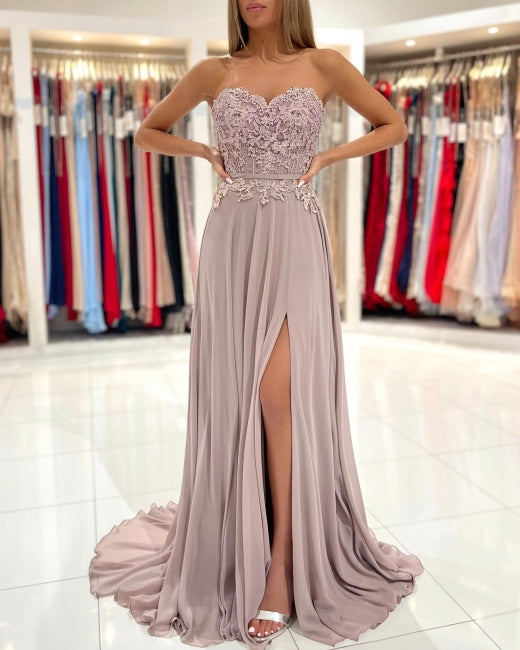 Elegant Sweetheart Appliques A-Line Ruffles Floor-length Prom Dress With Side Slit