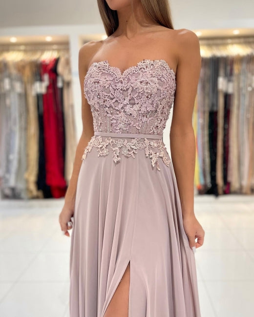 Elegant Sweetheart Appliques A-Line Ruffles Floor-length Prom Dress With Side Slit