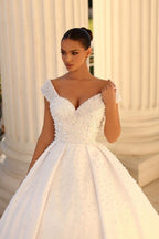 Elegant Sweetheart Cap Sleeves Satin Ball Gown Bridal With Sequined Details