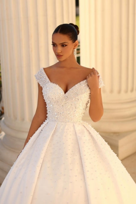 Elegant Sweetheart Cap Sleeves Satin Ball Gown Bridal With Sequined Details