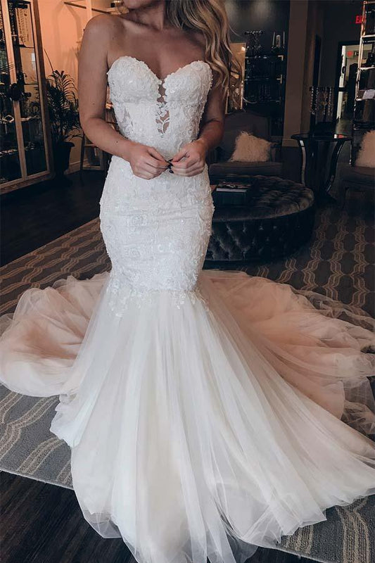 Elegantes Schatz-Meerjungfrau-Spitze Langes Brautkleid Mit Perlen