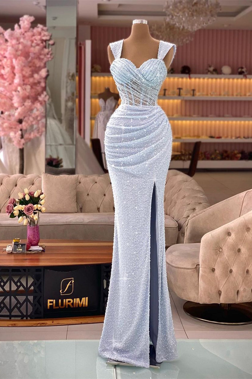 Abito da sera elegante senza maniche con paillettes e spacco a cuore