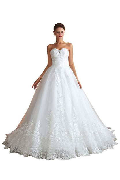 Elegante vestido de novia blanco con escote corazón | Vestido playero sencillo de tul con corte Aline