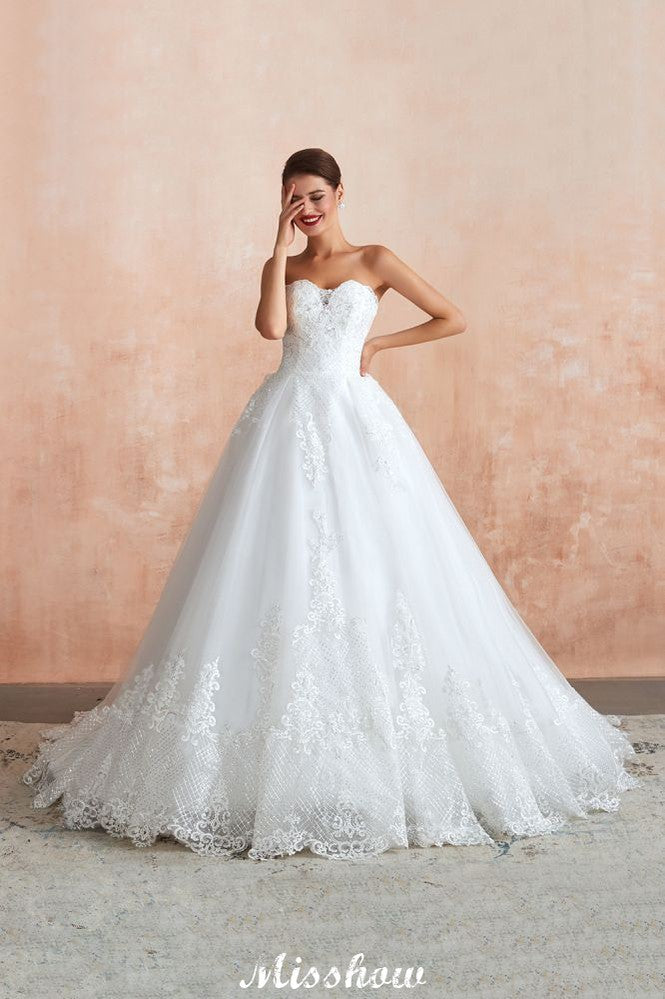 Elegant Sweetheart White Wedding Dress | Simple Tulle Beach Aline Ball Gown