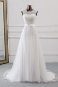Elegant Tulle Jewel Neckline Sleeveless White Wedding Dress With Appliques