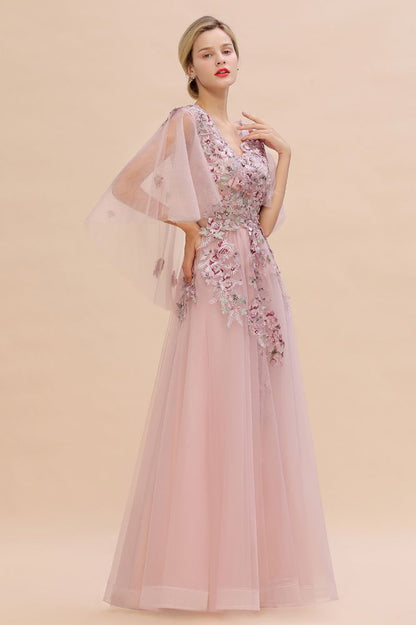Elegant Tulle A-line Floral Wedding Dress Puffy Long Sleeves Evening Party Dress