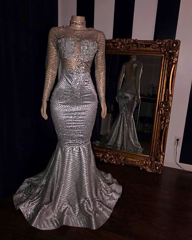 Elegantes vestidos de fiesta de tul sin espalda, mangas largas plateadas, vestidos de noche de sirena