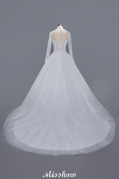 Elegant Tulle Lace Ball Gown High Neck Long Sleeves Floor Length Wedding Dress