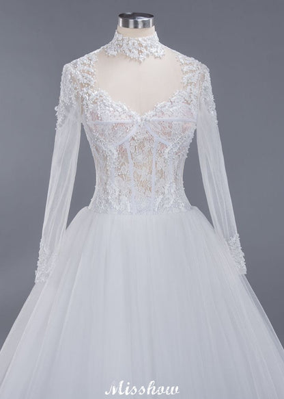 Elegant Tulle Lace Ball Gown High Neck Long Sleeves Floor Length Wedding Dress