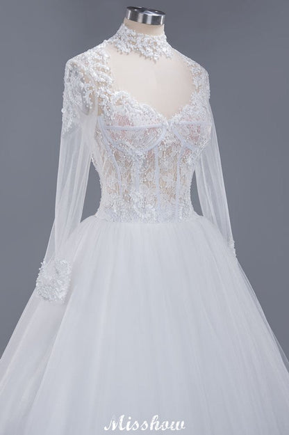 Elegant Tulle Lace Ball Gown High Neck Long Sleeves Floor Length Wedding Dress