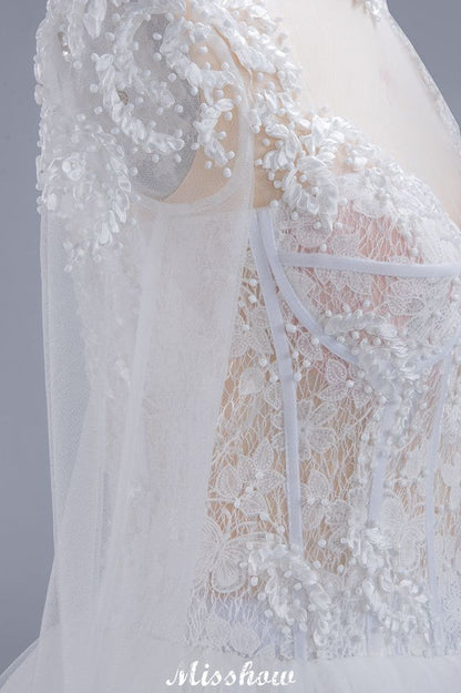 Elegant Tulle Lace Ball Gown High Neck Long Sleeves Floor Length Wedding Dress
