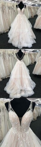 Elegant Tulle V Neck Open Back Wedding Dress Layered Sleeveless Floor Length