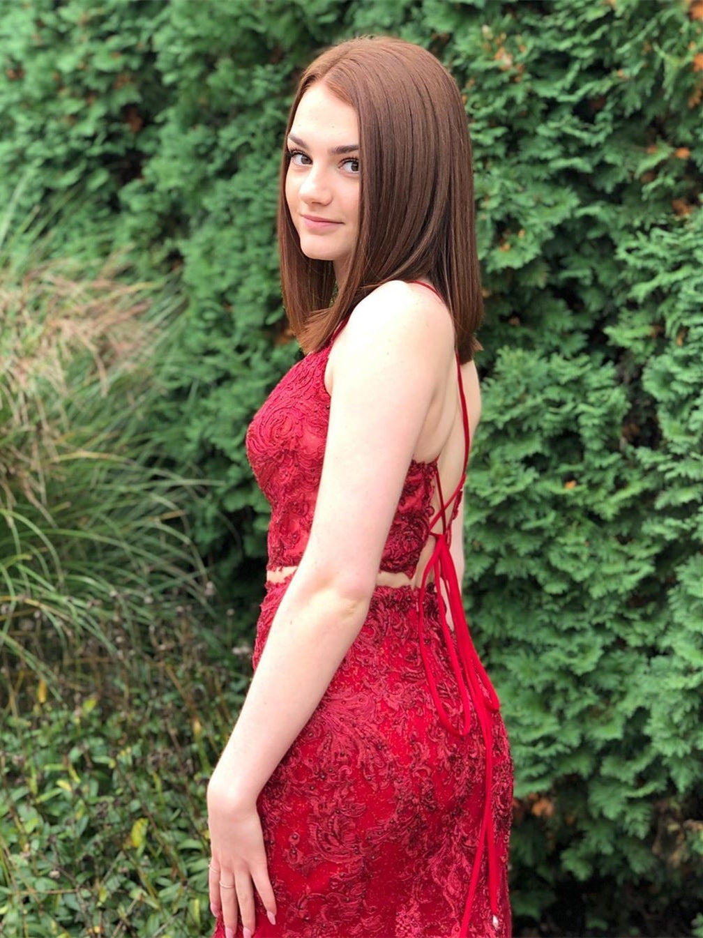 Élégante robe de bal longue formelle deux pièces sirène en tulle et dentelle