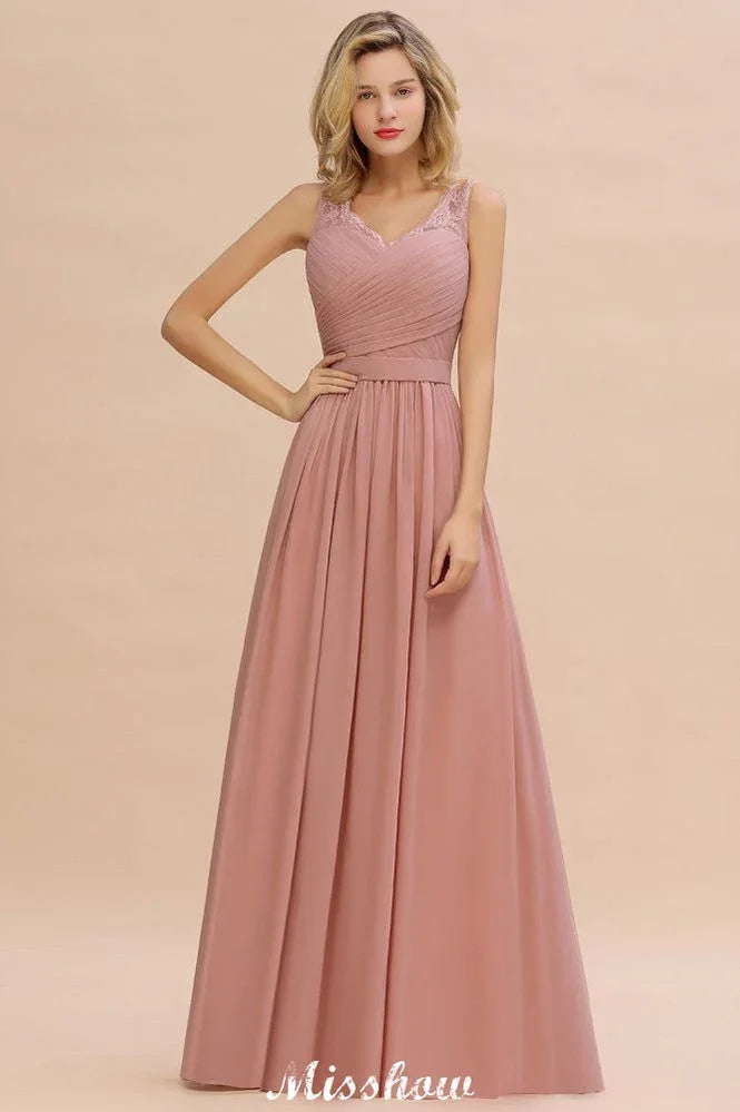 Elegante abito lungo da sera a linea ad A con scollo a V Abito da damigella senza maniche