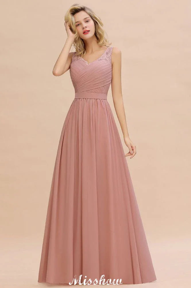 Elegante abito lungo da sera a linea ad A con scollo a V Abito da damigella senza maniche