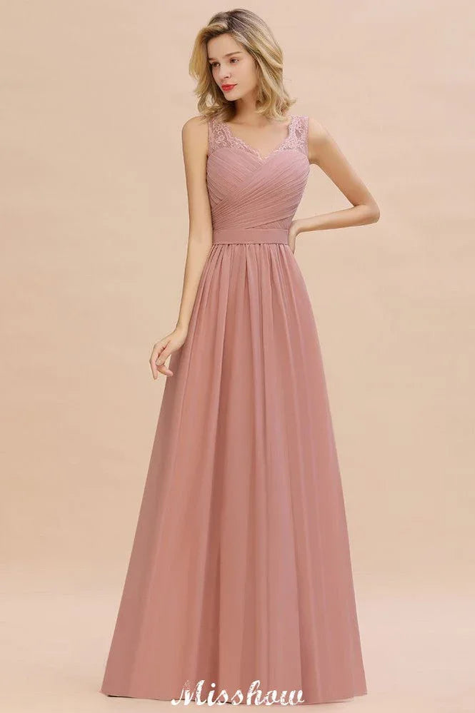 Elegante abito lungo da sera a linea ad A con scollo a V Abito da damigella senza maniche