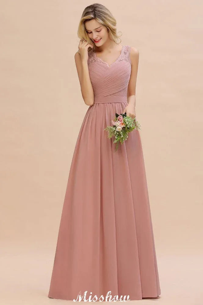 Elegante abito lungo da sera a linea ad A con scollo a V Abito da damigella senza maniche