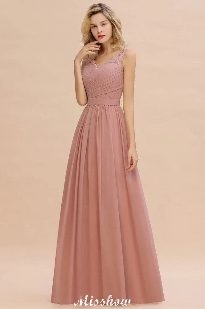 Elegante abito lungo da sera a linea ad A con scollo a V Abito da damigella senza maniche