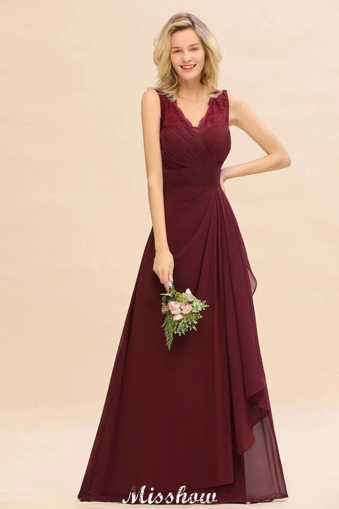 Elegante abito da damigella con scollo a V, linea ad A, bordeaux, senza schienale, in chiffon per festa