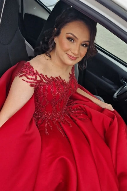 Vestidos de noiva elegantes em cetim, corte evasê, com decote em bico e mangas curtas tipo capa