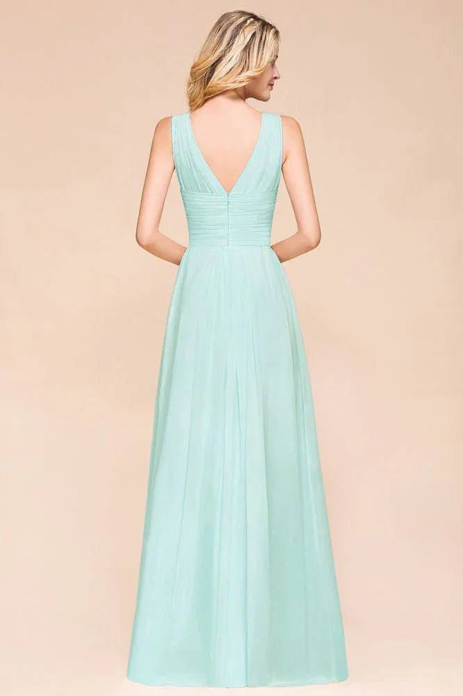 Elegante abito da damigella d'onore in chiffon con scollo a V, linea a trapezio, lungo fino a terra per festa di nozze