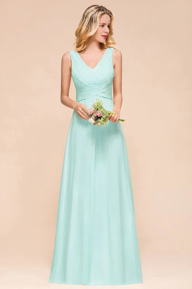 Elegante abito da damigella d'onore in chiffon con scollo a V, linea a trapezio, lungo fino a terra per festa di nozze