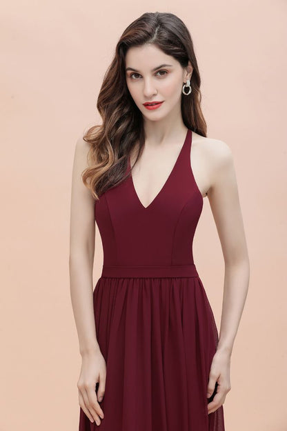 Elegante vestido de dama de honor de gasa con escote en V y espalda descubierta, vestido de fiesta de corte acampanado con lentejuelas