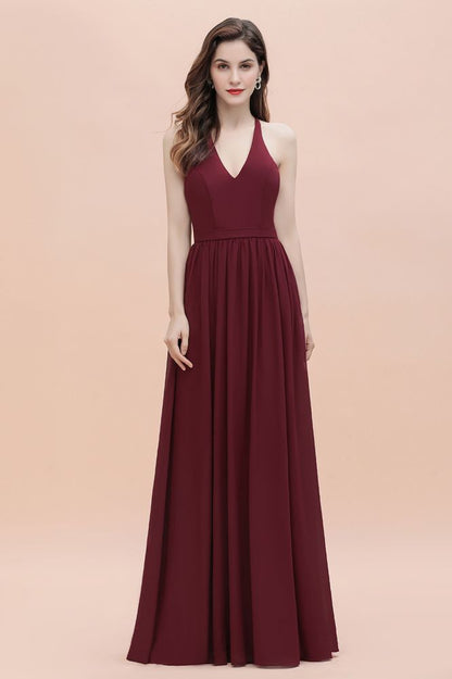Elegante vestido de dama de honor de gasa con escote en V y espalda descubierta, vestido de fiesta de corte acampanado con lentejuelas