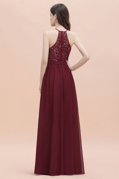 Elegante vestido de dama de honor de gasa con escote en V y espalda descubierta, vestido de fiesta de corte acampanado con lentejuelas
